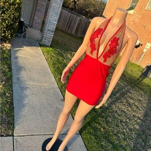 Red Halter Mini Dress with Lace Detail